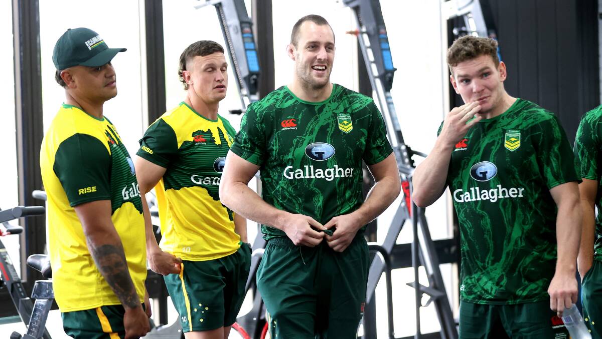 Isaah Yeo (second from right) will watch the first Australian Kangaroos match from the sidelines but his time will come. Picture by Brendon Thorne/Stringer