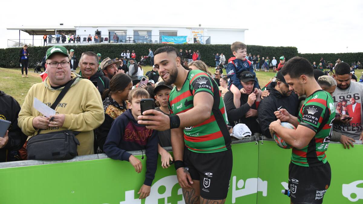 South Sydney star Keaon Koloamatangi takes photos with fans at Apex Oval back in 2022. Picture by Amy McIntyre