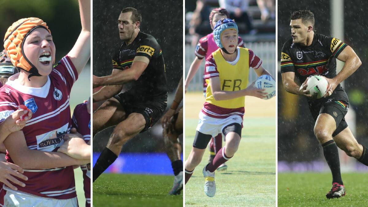 Blayney Bears players Oscar Bright and Bily Bright and Penrith Panthers' Isaah Yeo and Nathan Cleary. Pictures by Dominic Unwin and Phil Blatch