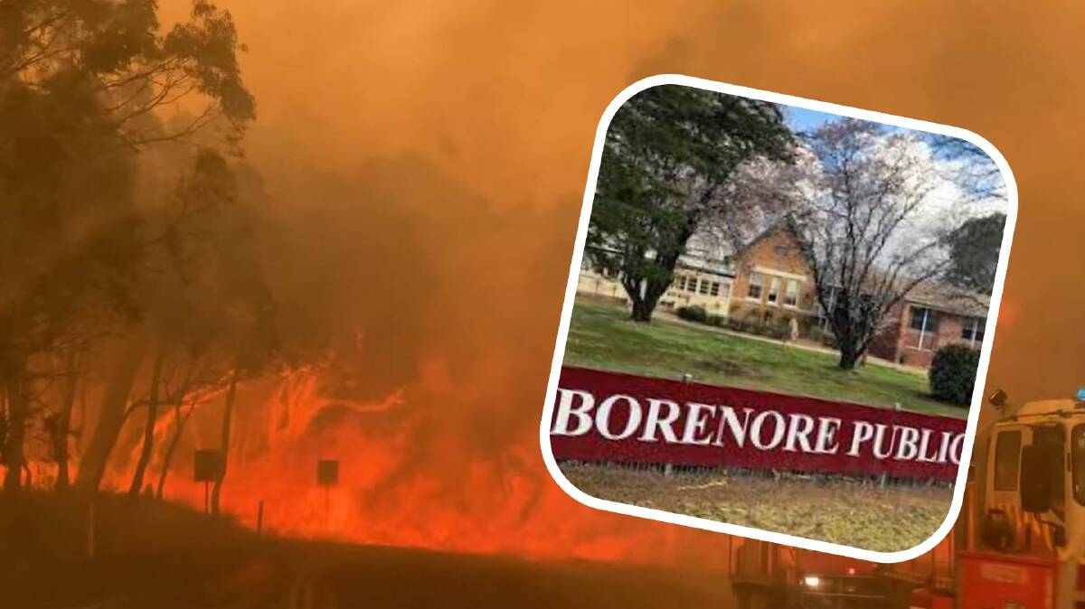 The Hill End bushfire has been raging for a week. Inset: Borenore Public School was one of many closed due to increased risk of fire across the region. Picture by Nick Pearce (Nick Pearce Media, Mudgee).