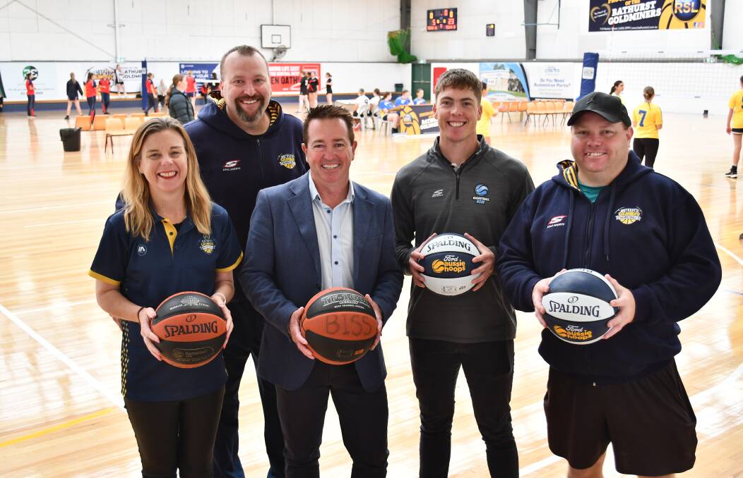 Goldminers board members Melissa Sullivan, Iain Wood and Jason Woodyatt [far right], with Paul Toole and Bathurst Sports Stadium manager Andrew James at the funding announcement in May 2024. Picture by Amy Rees