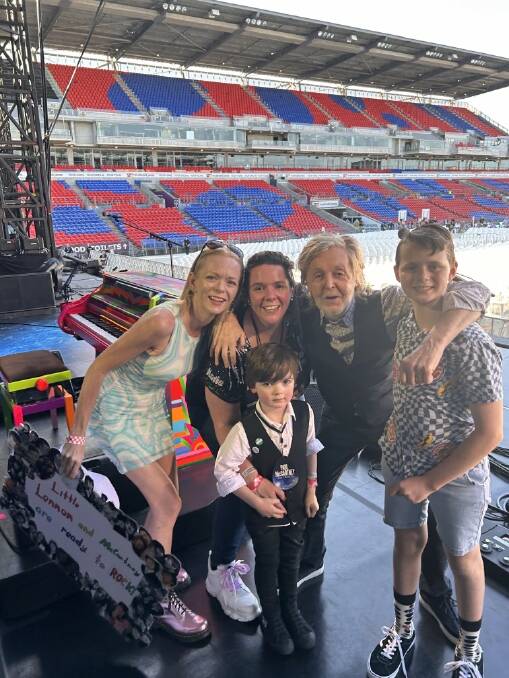 Sir Paul McCartney meets super fans Belinda Heydon-Dobson, Katie Sanderson, McCartney Sanderson and Lennon Heydon-Dobson at the concert in Newcastle. Picture supplied