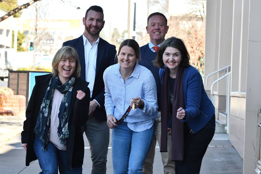 Veritas House's Jade Hadfield and CKM Law's Timothy Cain [back] with Edgell Jog committee member Janneke van der Sterren and Vertias House's Bronte Emanuel and Tina Gallagher ready to rumble for this year's Bathurst Edgell Jog on Sunday, September 17. Picture by Amy Reess