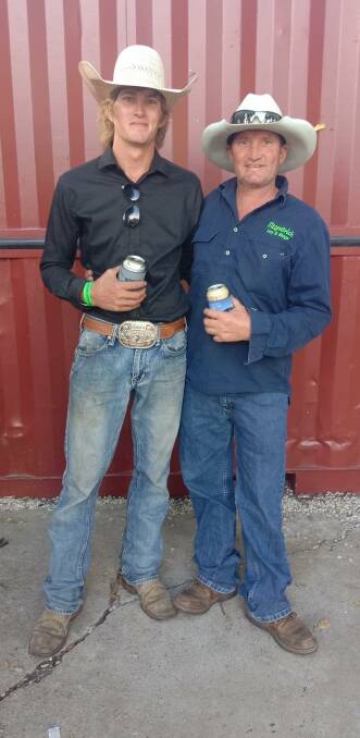 Hugh Treanor [left] with Brett Fitzpatrick after winning the Gary Fitzpatrick Memorial bull ride at the Rockley Rodeo. Picture supplied