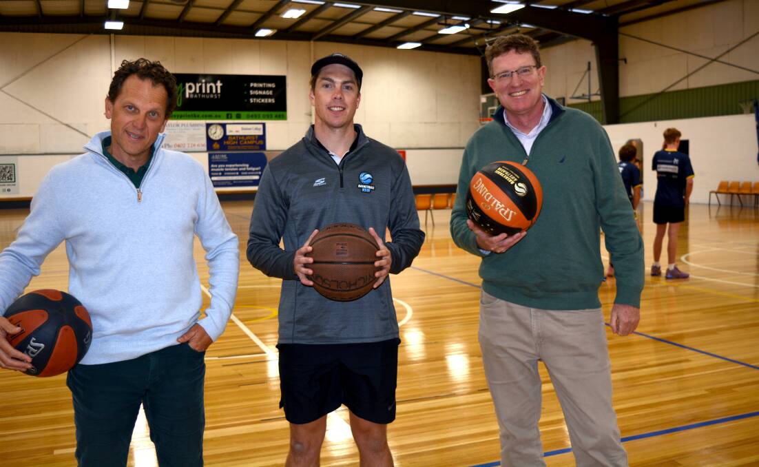 Bathurst mayor Jess Jennings with Bathurst Indoor Sports Stadium manager Andrew James and Member for Calare Andrew Gee welcome the $400,000 grant to fix the stadium's roof on April 12, 2024. Picture supplied