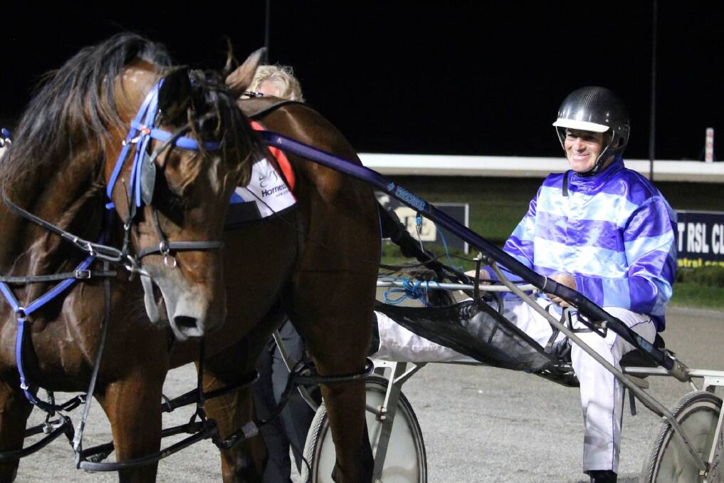 Pom Pay and Graham Betts returning to the winner's circle after a victory at Bathurst Harness Racing Club in April 2021. Picture by Amy Rees