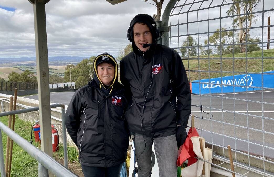 Mother and son duo Jenny and Saul Forster braving the cold weather to volunteer for the Bathurst 6 Hour. Picture supplied