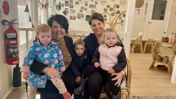 Bathurst Little Learning Centre director Suzie Manhood [left] with senior educator Ursula Du Plessis accompanied by Matilda, Malakai and Arabella at the facility on June 4, 2024. Picture by Amy Rees