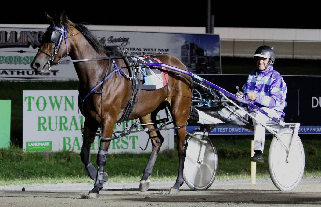 Pom Pay and Graham Betts returning to the winner's circle after a victory at Bathurst Harness Racing Club in April 2021. Picture by Amy Rees