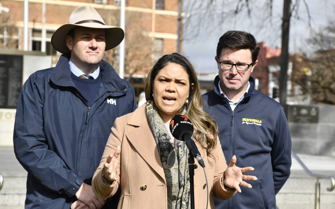 Nationals' MLC Sam Farraway, Shadow Minister for Indigenous Australians Jacinta Nampijinpa Price and National Party leader David Littleproud at Orange's Robertson Park. Picture by Jude Keogh
