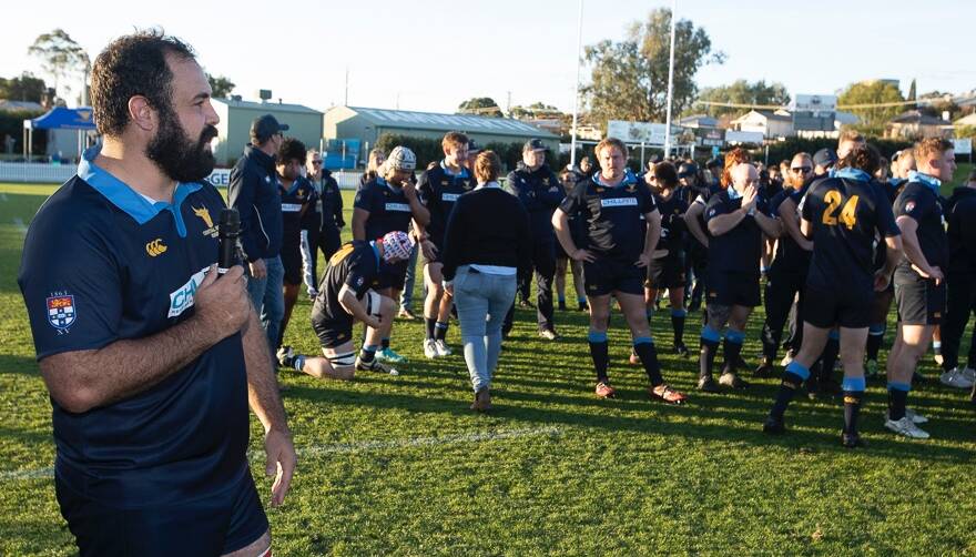 Central West skipper Peter Fitzsimmons makes his post-game speech at last year's Caldwell Cup. Picture from NSW Country Rugby Union