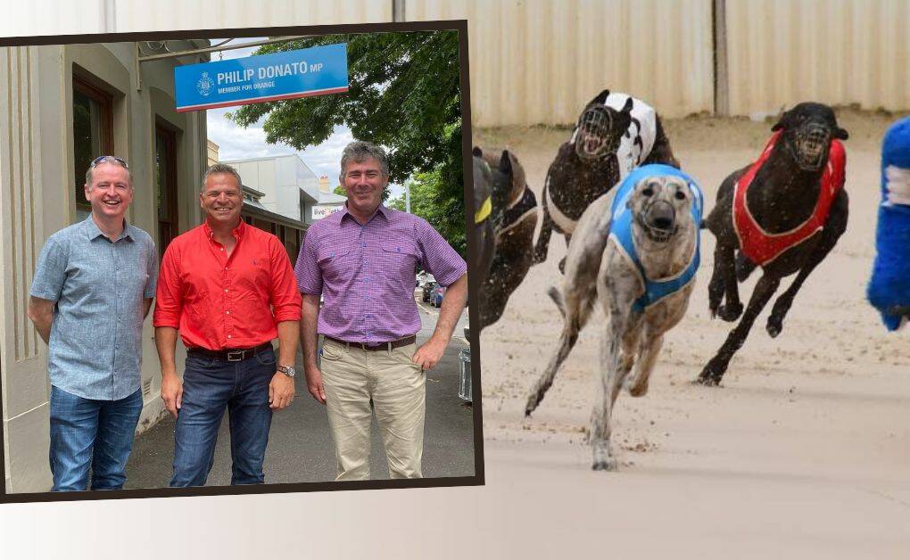 Phil Donato met with Greyhound Breeders Owners and Trainor's Association chief executive officer Allan Hilzinger and Daniel Weizman in Orange earlier this year. Picture supplied.