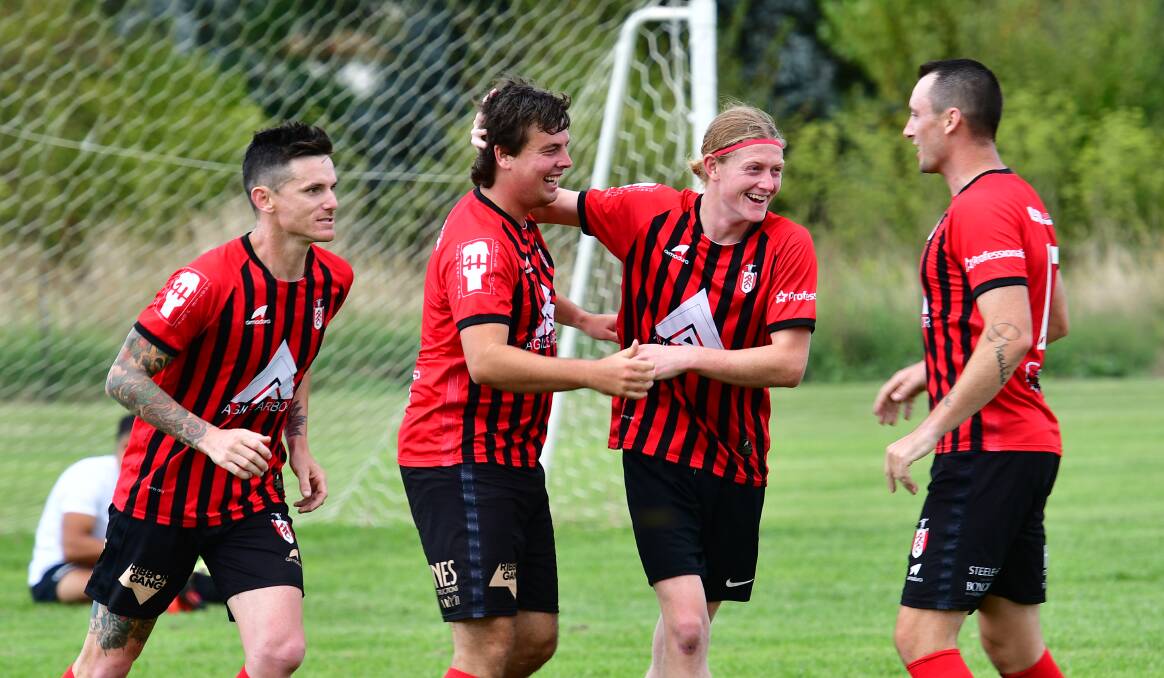Jaiden Culbert (second from left) and Dylan White (second from right) both scored for Panorama in a 2-0 win over Dubbo Bulls on Saturday. Picture by Bradley Jurd
