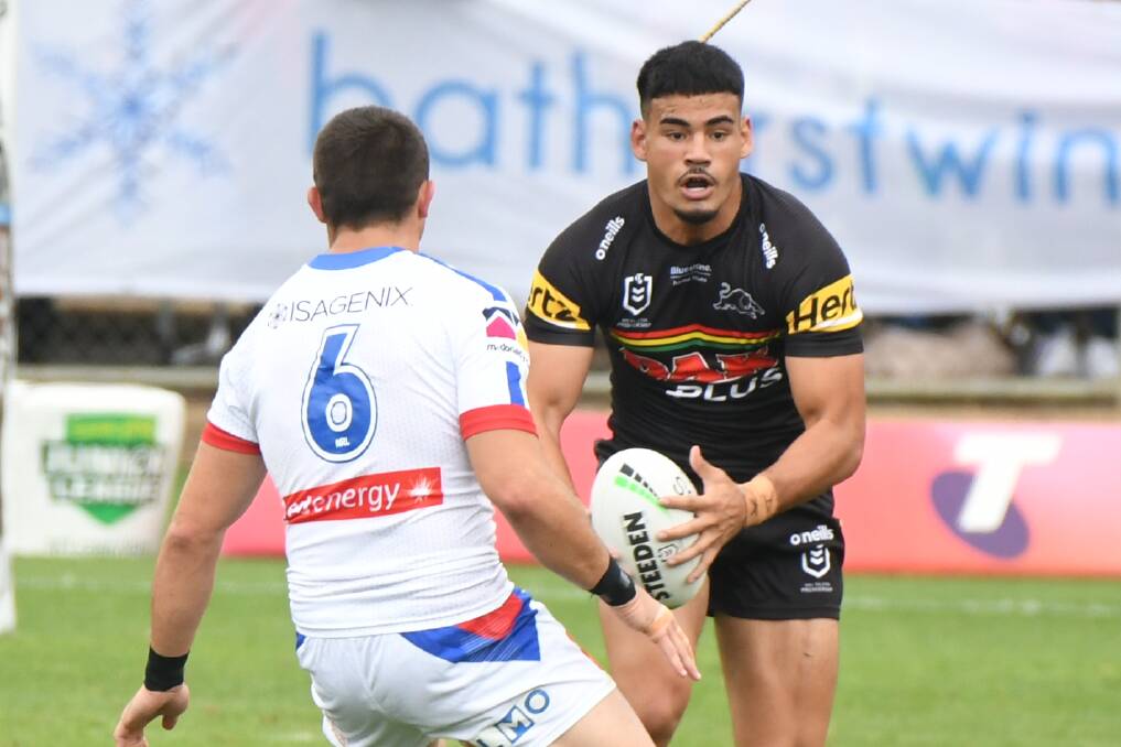 Penrith Panthers' Taylan May on the ball at Bathurst in 2022. He scored a hat-trick in the 38-20 win over Newcastle. Picture by Chris Seabrook