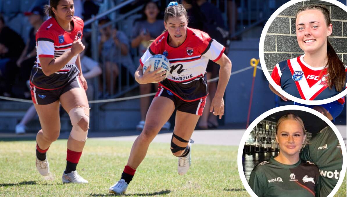 North Sydney winger Jakiya Whitfeld. Picture by Jim Walker Photography. Insert top right: Paige Lowe (picture supplied), insert bottom right: Kate Fallon (picture supplied). 