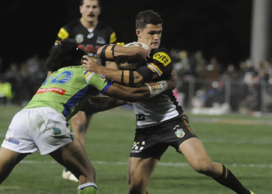 Penrith Panthers halfback Nathan Cleary takes on the line at Carrington Park in 2017. Picture by Chris Seabrook