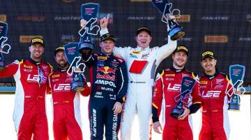 Bathurst driver Brad Schumacher (pictured in white) after his win at the GT World Challenge Australia. Picture supplied