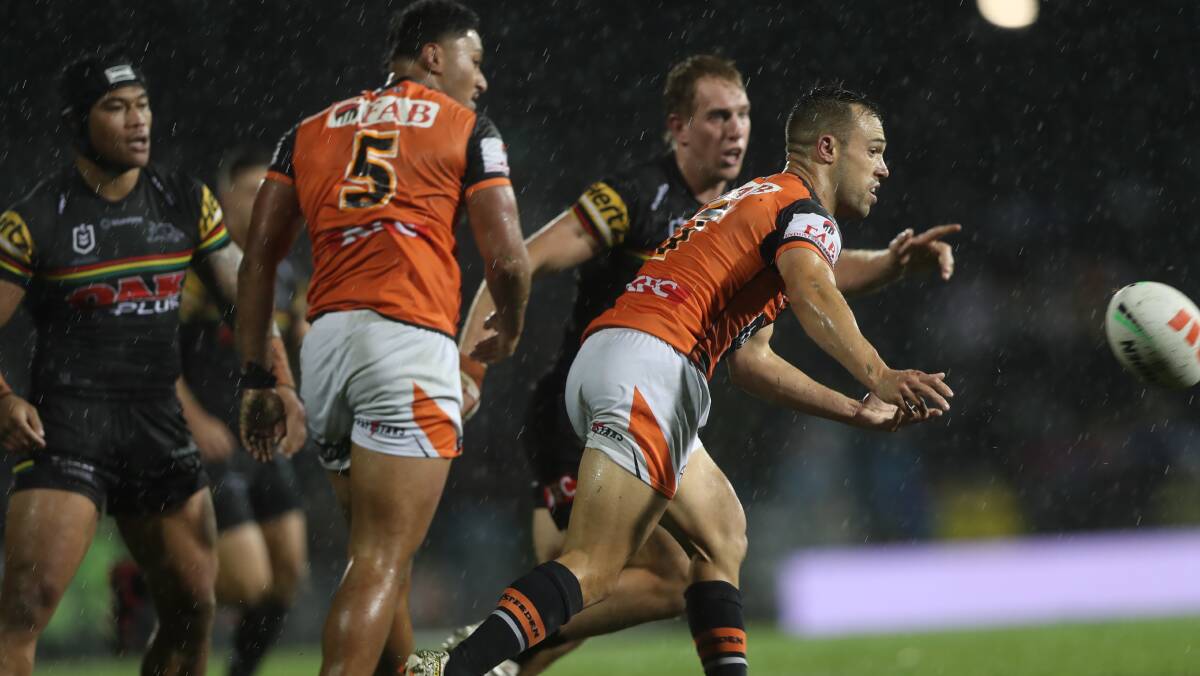 Wests Tigers halfback Luke Brooks produced his best match of the season to inspire the Tigers to a shock win over Penrith in 2023. Picture by Phil Blatch