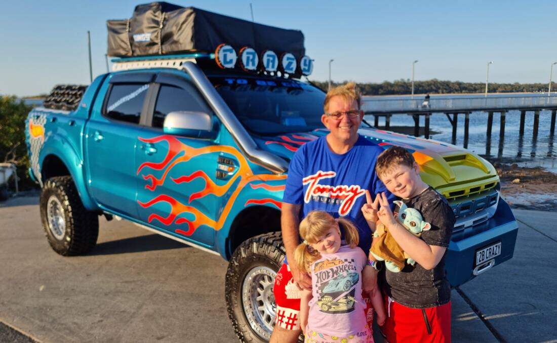 Craig Freeman with his children Amelia and Hayden in front of their 2016 Ford Ranger-turned-Hot Wheels truck that will be at the Bathurst 1000 this year. Picture supplied