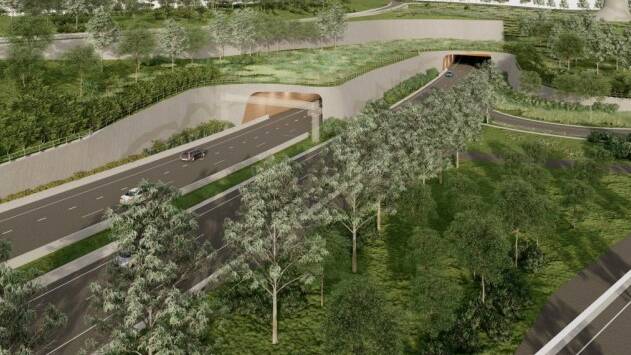 An "indicative visual concept" of a Blackheath portal for twin Great Western Highway tunnels to Little Hartley looking westbound. 