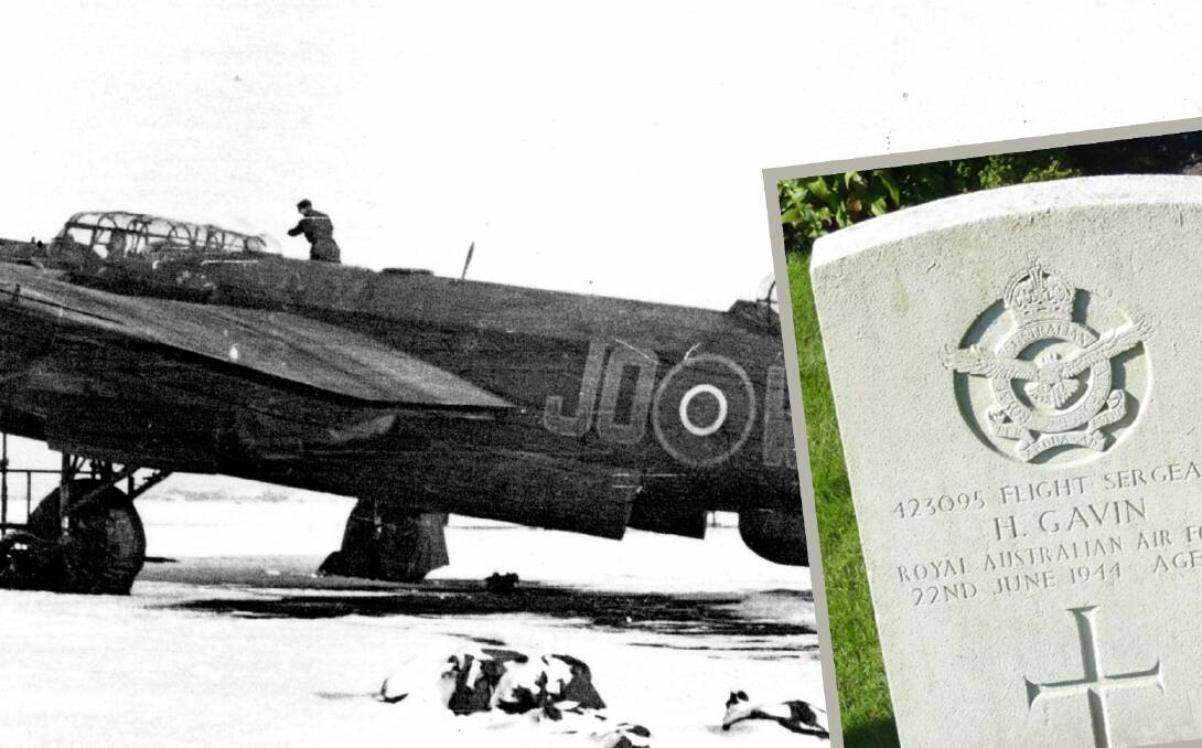 Bathurst history buff Alan McRae has supplied this example of a Lancaster plane. In this case, it is snowbound at Waddington in the UK in January 1945. Inset: A picture of Howard Gavin's grave in the Netherlands.
