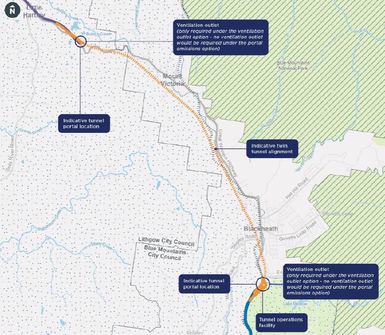 The suggested route for the previously proposed Great Western Highway tunnel. Picture from Blackheath to Little Hartley Environmental Impact Statement.