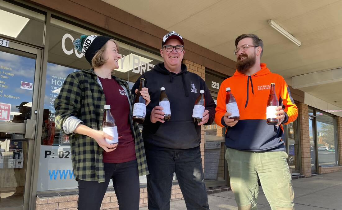 Anne-Marie Lepage from Reckless Brewing, Country Brewer Bathurst owner Adam Cavanagh and Stephen Szabo from Reckless Brewing with entries already received for the competition.