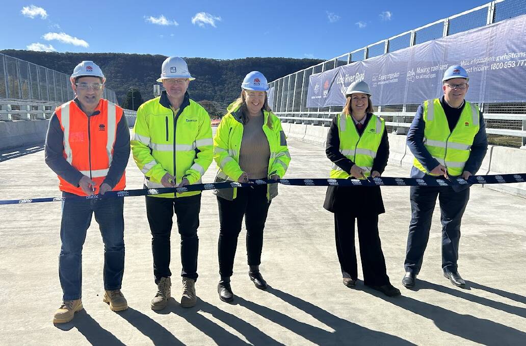 NSW Regional Transport and Roads Minister Jenny Aitchison and Federal Regional Development Minister Kristy McBain (third and fourth from left) at the opening of the new Coxs River Road bridge as part of the Great Western Highway duplication project at Little Hartley. Picture supplied