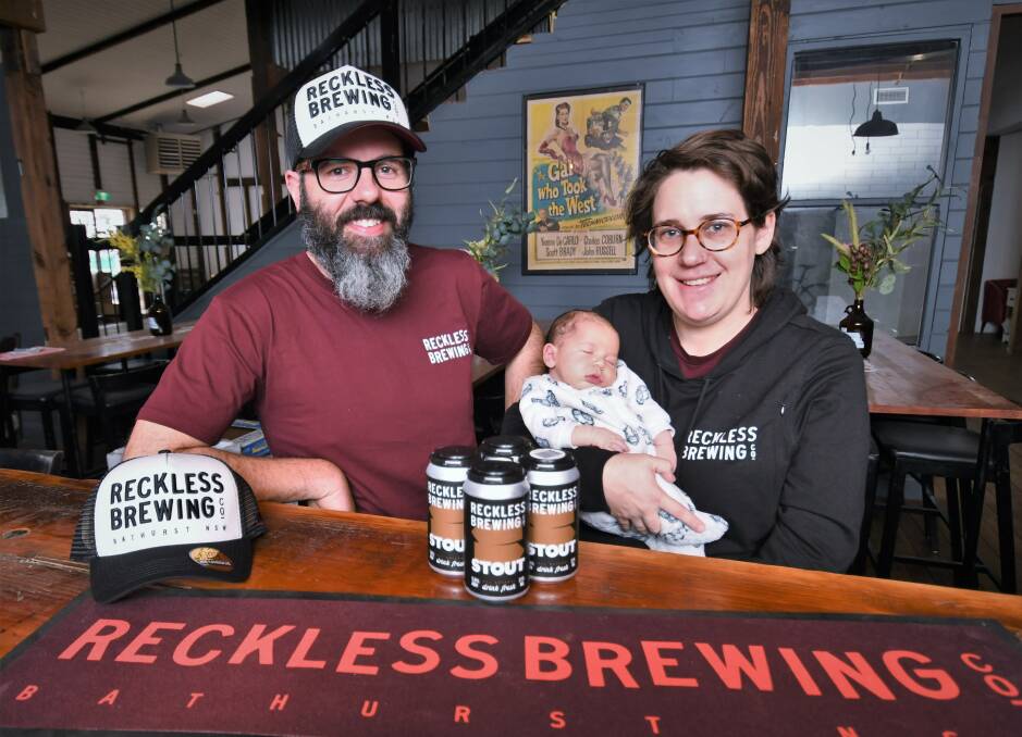 Reckless Brewing's Jarrod Moore, Grace Fowler and little Hendrix in September last year as they prepared to unveil their new headquarters at Crago Mill. Picture by Chris Seabrook 