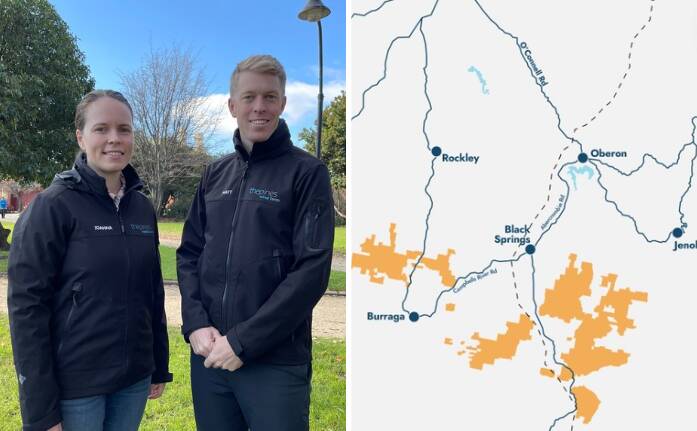 The Pines Wind Farm project director Joanna Murphy and Stromlo Energy director Matthew Parton and The Pines Wind Farm permit investigation area near Oberon. Picture: TagEnergy.