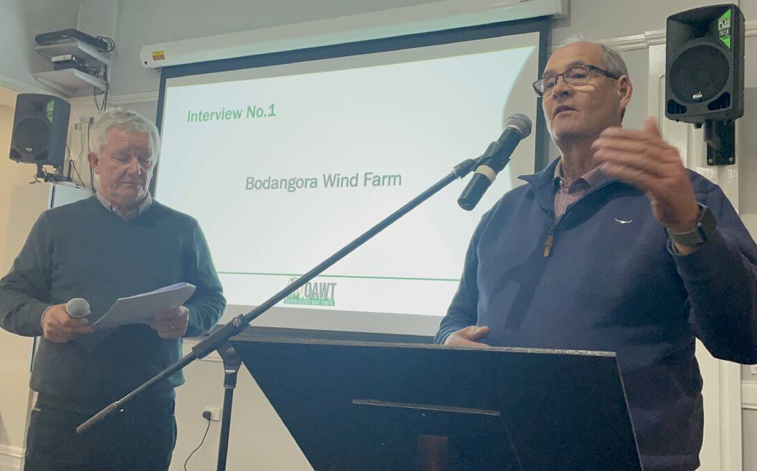 Oberon Against Wind Towers committee member Frank O'Connor and speaker Michael Lyons from the Wellington district, whose community has had a wind farm for a number of years.