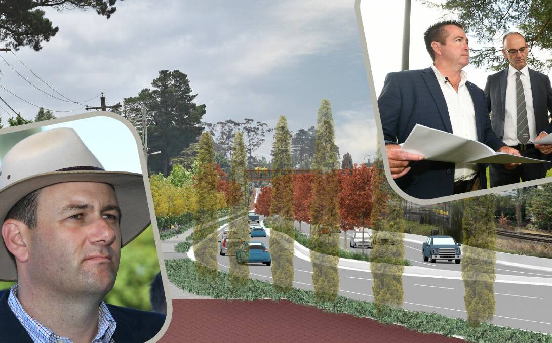 A previous artist's impression of the upgraded Medlow Bath section of the Great Western Highway. Inset left: Sam Farraway. Inset right: Looking over plans for the highway duplication back in 2019 in Bathurst.