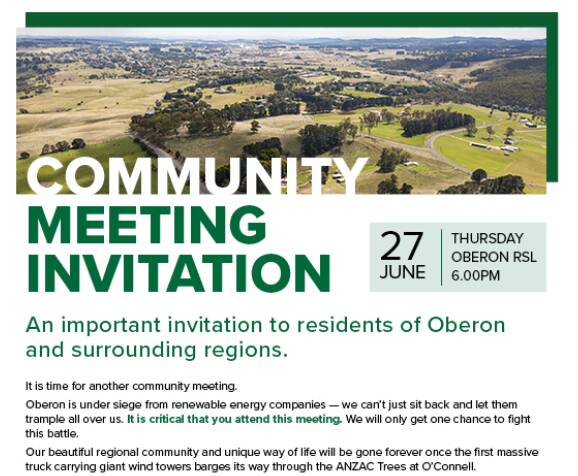 Oberon Against Wind Towers' invitation to its community meeting.