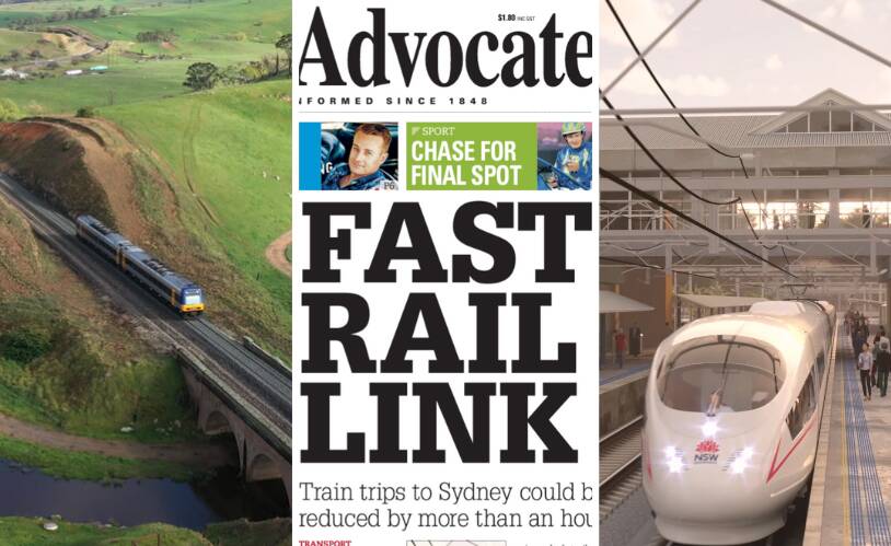 The Bathurst Bullet (left); the Western Advocate's front page in December 2018 after the NSW Coalition's fast rail announcement (centre); and an artist's image released previously of a NSW fast train.