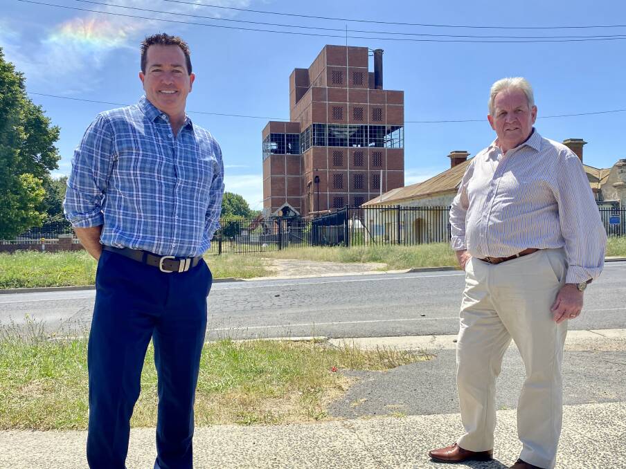 Member for Bathurst Paul Toole and then-Bathurst mayor Robert Taylor in mid-2022 when the NSW Government announced that it would help assess whether there was any contamination that needed cleaning up at the site.