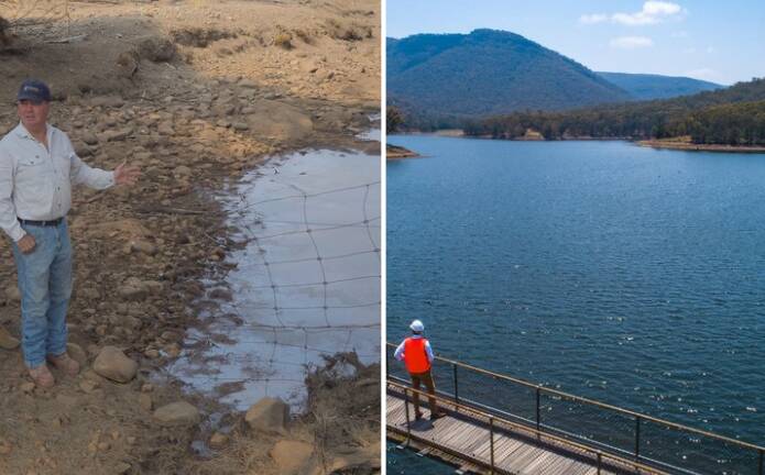 Winburndale Waters Conservation Group's Michael Inwood at the Winburndale Rivulet in 2020 (left) and Winburndale Dam (right) in good times.