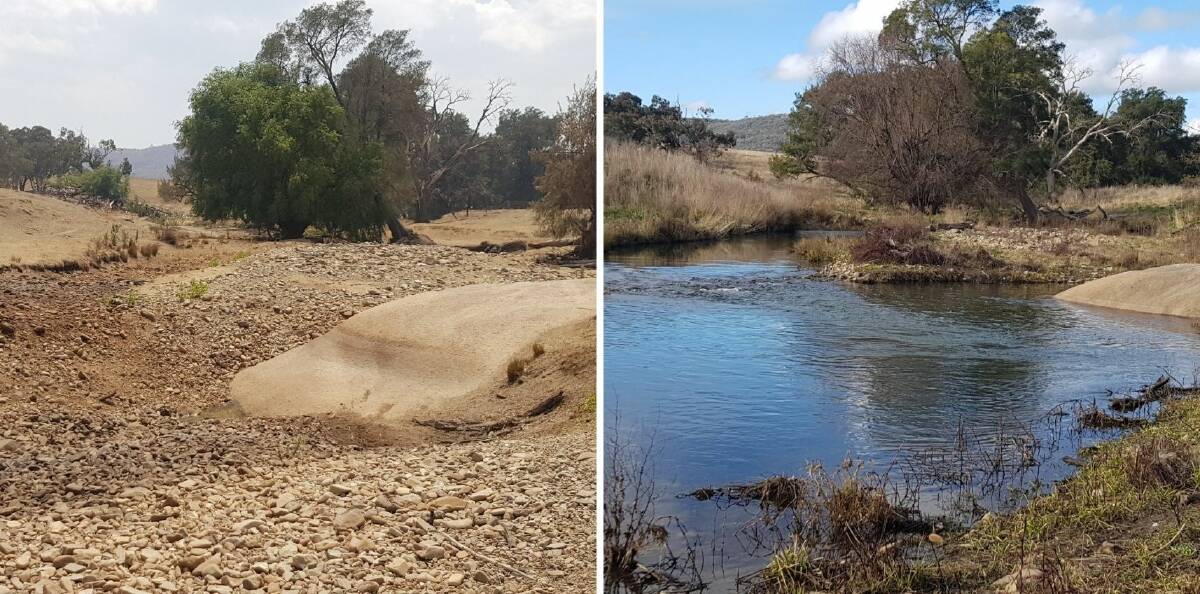 The same stretch of the Winburndale Rivulet pictured in January 2020 (left) and June 2021 (right). File pictures.