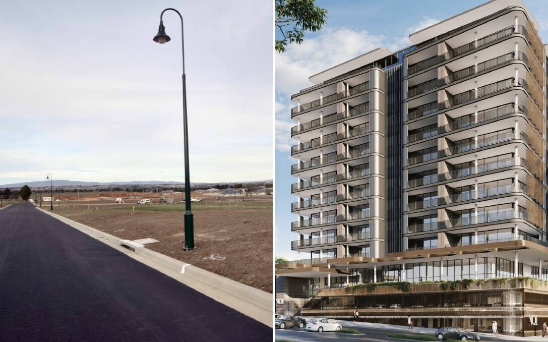 A housing estate on the outskirts of Bathurst before it was developed (left) and the concept design for Dubbo's No.1 Church Street high rise (right). 