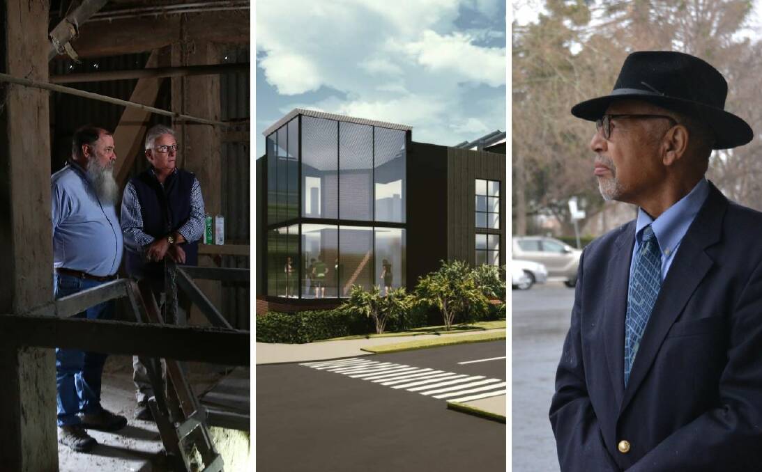 Charles Sturt University then-Professor of Engineering Jim Morgan and then-Tremain's Mill owner Stephen Birrell in the mill site's wooden silos back in 2017 (left); an artist's impression of serviced apartments on the former Dairy Farmers site in Bentinck Street (centre); and Professor Ed Blakely, the author of a number of books on urban planning and development, in Bathurst in 2019. 