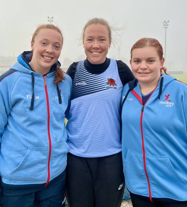 FEELING BLUE: Bathurst trio Emma White, Sarah White and Maddy Tattersall will line up for NSW Country at the 2022 Hockey Australia Country Challenge. 