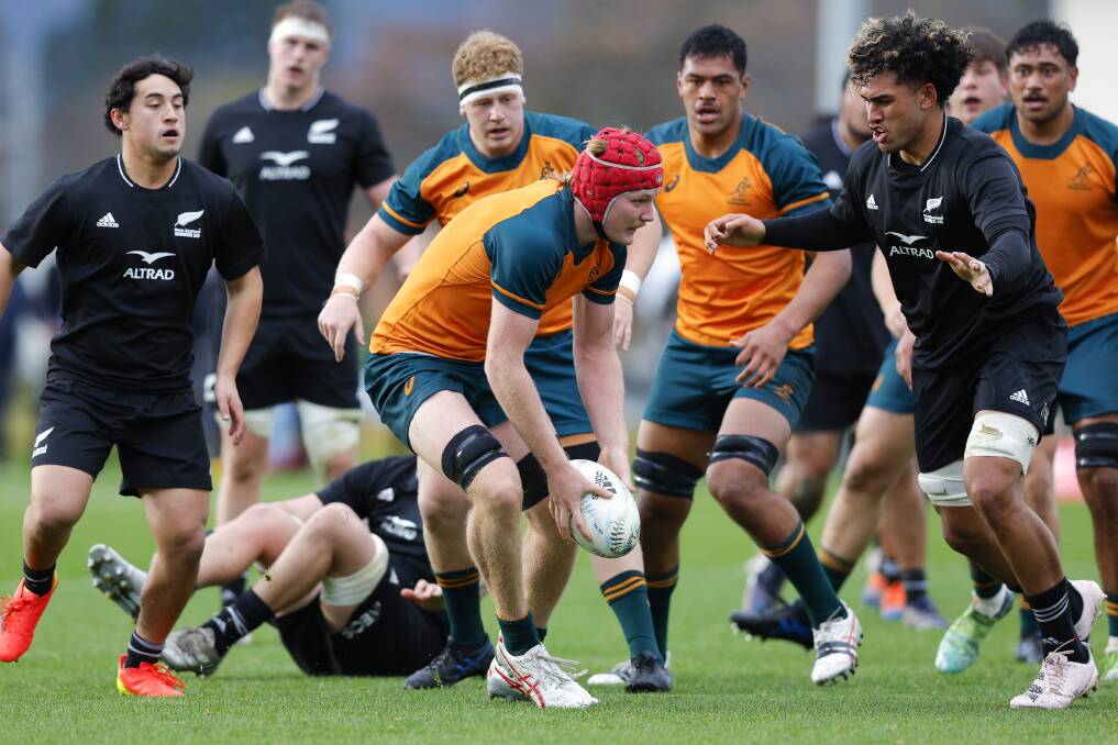 Lachie Hooper in action for the Junior Wallabies in Monday's Test against the New Zealand under 20s. He and his fellow forwards were dominant. Picture by Hagen Hopkins/Getty Images