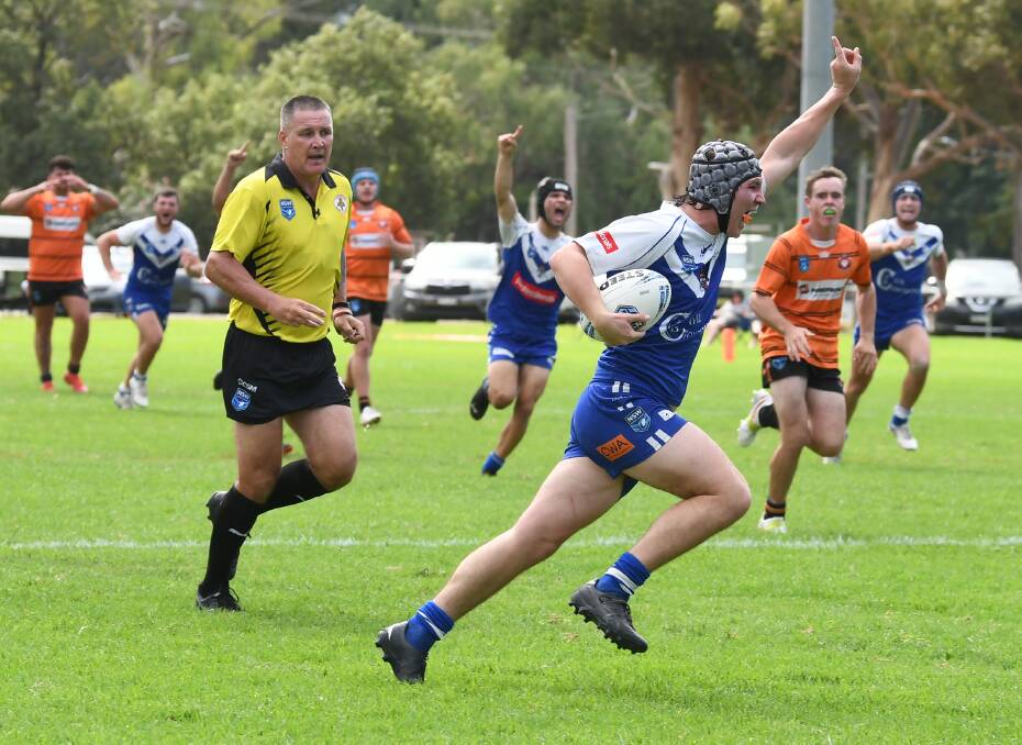 Ryan Small, pictured on his way to scoring in this year's under 21s final, made his Peter McDonald Premiership starting debut against Mudgee on Sunday. Picture by Renee Powell