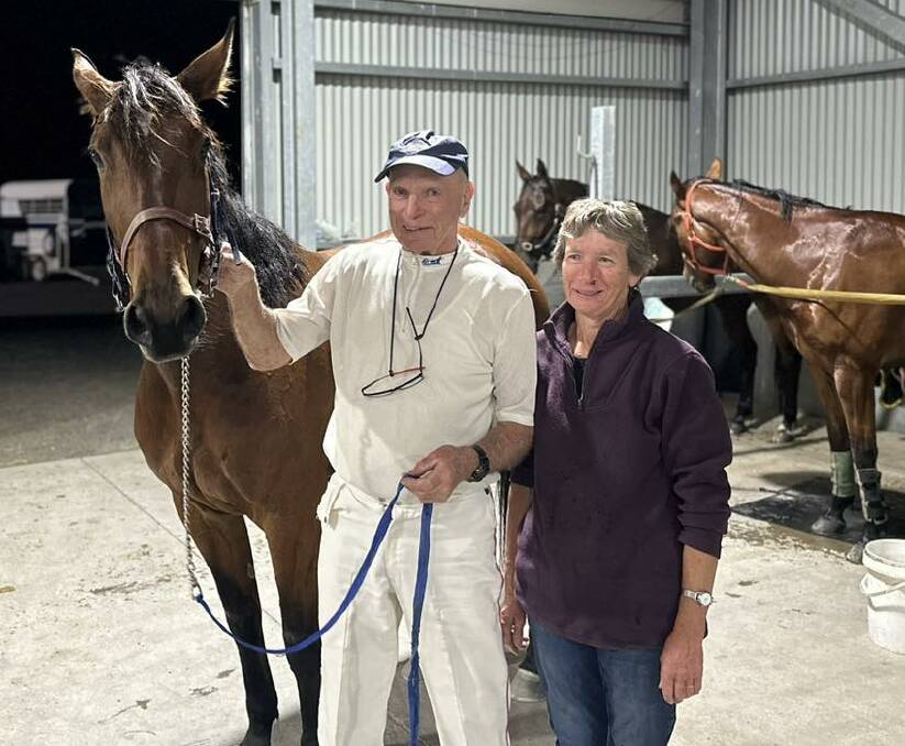 Arthur Clancy and his wife Carmel were delighted Rose Of Juliana posted her second career win on Wednesday night. Picture by Bathurst Harness Racing Club