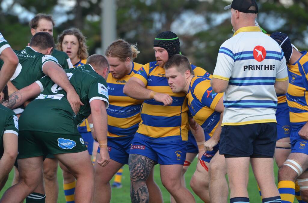 WEAPON: Bathurst Bulldogs' front rowers prepare for a scrum in Saturday's trial against Merewether Carlton. It was a dominant part of their game.