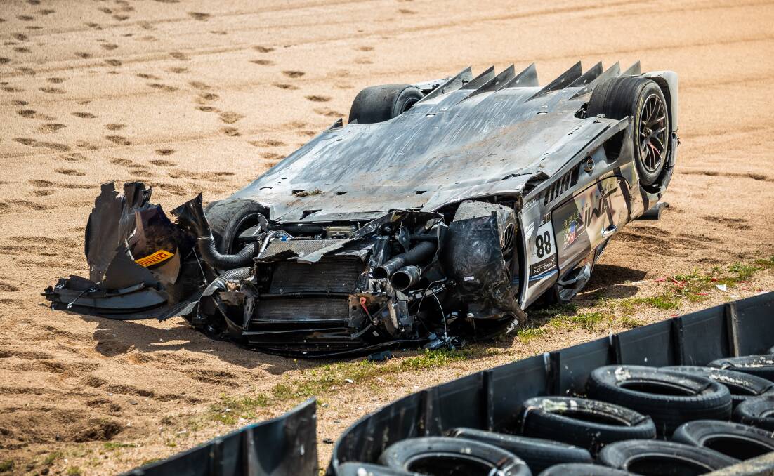 The #88 Mercedes AMG of Prince Abu Bakar Ibrahim after crashing at Mount Panorama. Pictures by Daniel Kalisz Photography