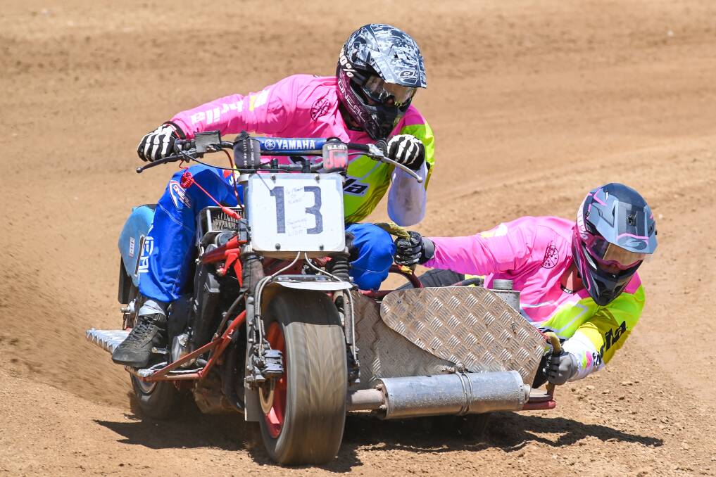 Sean Griffiths and his passenger Ruby in action at the Victorian Dirt Track Championships. Picture by Colin Rosewarne's Photography