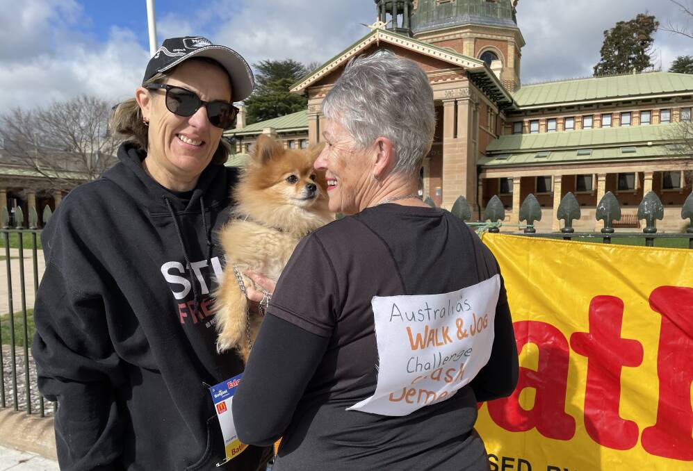 Jackie Cousins and Susan McMahon, with Finn the dog, all of whom were participants in the 2022 Edgell Jog on Sunday. Susan was using the jog as part of another cause she is involved in, The Impossible Walk and Jog.