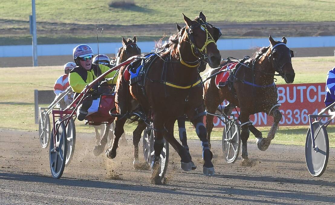 Mitch Turnbull and The Handsome One storm down the outside to win the opening race on Wednesday night. Picture by Alexander Grant.
