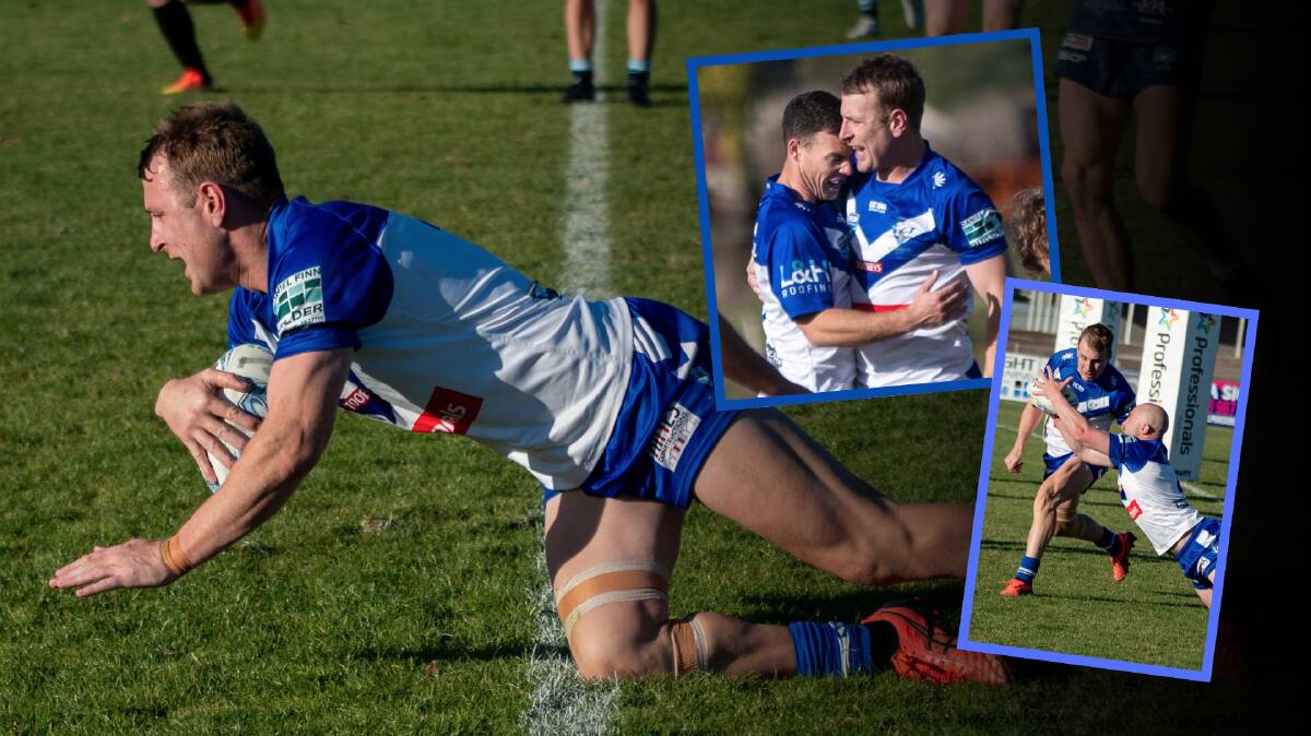 Jackson Brien completes his hat trick (main), celebrates his opening try and watches teammate Caleb Wardman score (insets). Pictures by James Arrow.