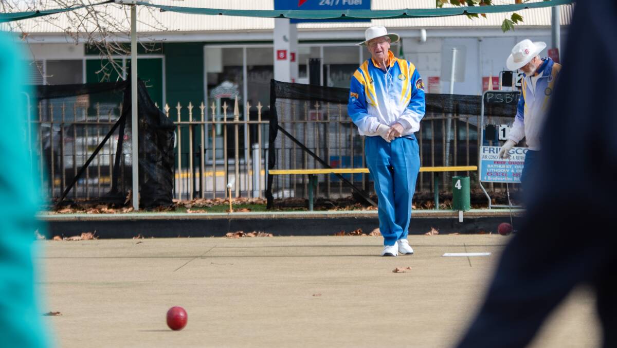 Jim Grives watches where his bowl lands during a recent round at Bathurst City. Picture by James Arrow.